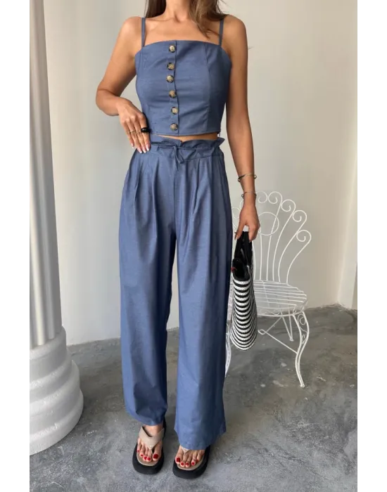 TENCEL CROP ASKILI BLUZ - ŞALVAR PANTOLON TK - İndigo