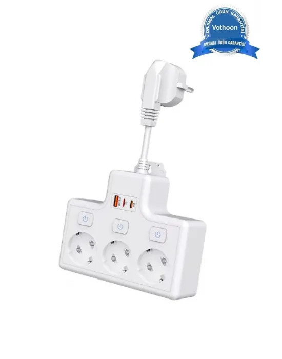 Termal Akım Korumalı 3’lü Duvar Tipi Priz 1x Usb 2x Type-c Çıkışlı Grup Priz Çoğaltıcı (3500w)