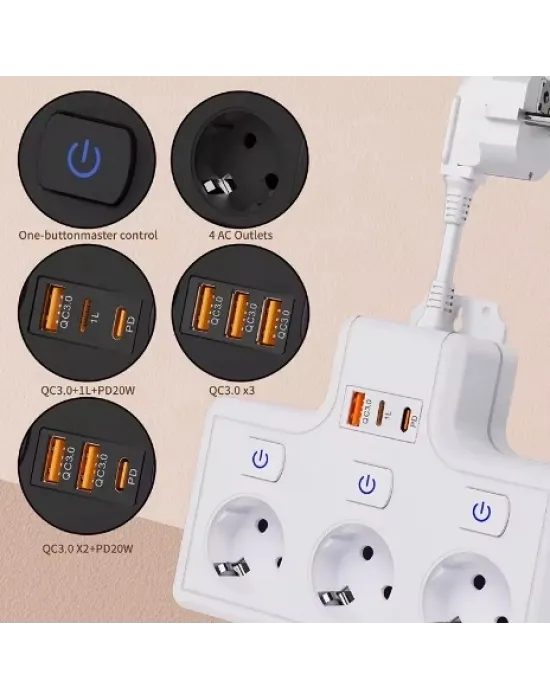 Termal Akım Korumalı 3’lü Duvar Tipi Priz 1x Usb 2x Type-c Çıkışlı Grup Priz Çoğaltıcı (3500w)