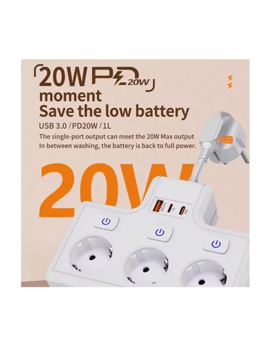 Termal Akım Korumalı 3’lü Duvar Tipi Priz 1x Usb 2x Type-c Çıkışlı Grup Priz Çoğaltıcı (3500w)