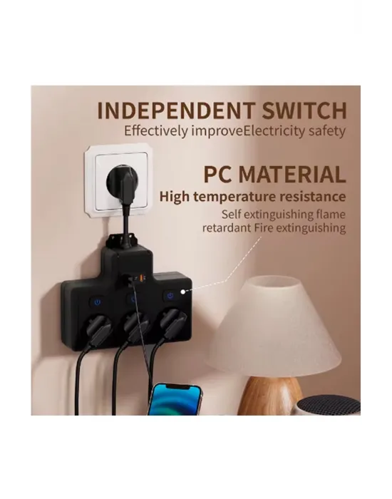 Termal Akım Korumalı 3’lü Duvar Tipi Priz 1x Usb 2x Type-c Çıkışlı Grup Priz Çoğaltıcı (3500w)