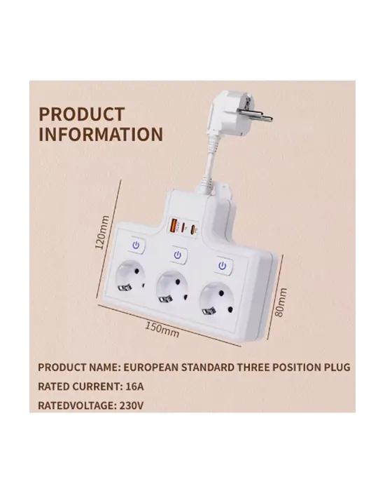 Termal Akım Korumalı 3’lü Duvar Tipi Priz 1x Usb 2x Type-c Çıkışlı Grup Priz Çoğaltıcı (3500w)