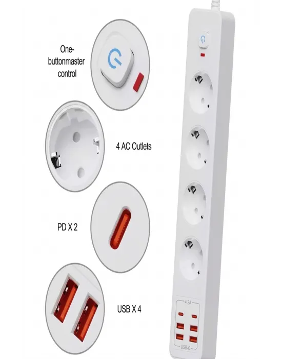 Termal Akım Korumalı 4’lü Priz 4x Usb 2x Type-c Çıkışlı Grup Priz Çoğaltıcı (3500w)