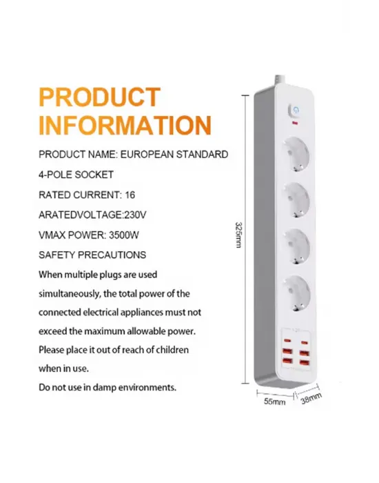 Termal Akım Korumalı 4’lü Priz 4x Usb 2x Type-c Çıkışlı Grup Priz Çoğaltıcı (3500w)