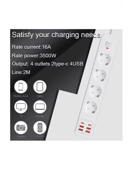 Termal Akım Korumalı 4’lü Priz 4x Usb 2x Type-c Çıkışlı Grup Priz Çoğaltıcı (3500w)