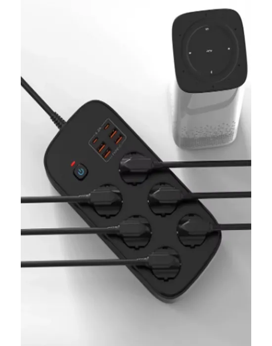 Termal Akım Korumalı 6’lü Priz 4x Usb 2x Type-c Çıkışlı Grup Priz Çoğaltıcı (3500w) Siyah