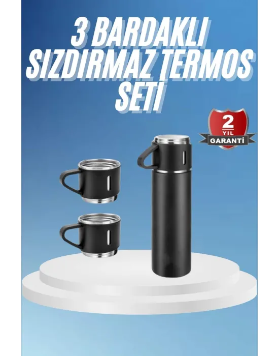 Termos Paslanmaz Çelik Termos Siyah Renk 3 Bardaklı Termos Seti