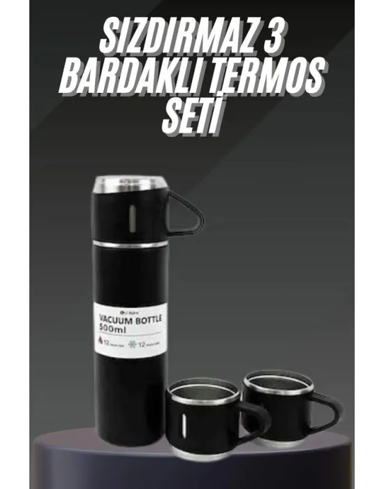 Termos Seti Paslanmaz Çelik 3 Bardaklı Vakumlu Termos Set 500 Ml 12 Saate Kadar Isı Koruma