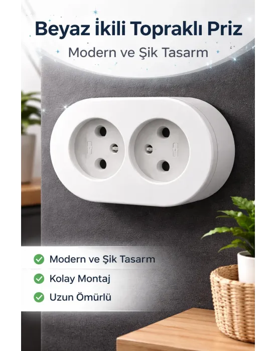 Topraklı Sıva Üstü İkili Set Priz Modern Kırık Beyaz Kolay Kurulum
