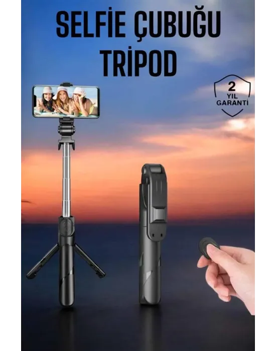 Tripod Kablosuz Bluetooth Bağlantılı Selfie Çubuğu 360 Derece Dönebilen
