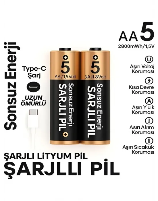 Type-c Şarjlı 2800mwh 1.5v Şarj Edilebilir 2’li Aa5 Kalın Pil - Lityum Iyon Batarya