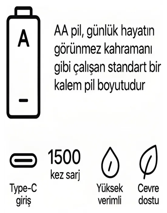 Type-c Şarjlı 2800mwh 1.5v Şarj Edilebilir 2’li Aa5 Kalın Pil - Lityum Iyon Batarya