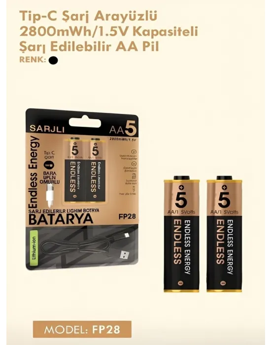 Type-c Şarjlı 2800mwh 1.5v Şarj Edilebilir 2’li Aa5 Kalın Pil - Lityum Iyon Batarya