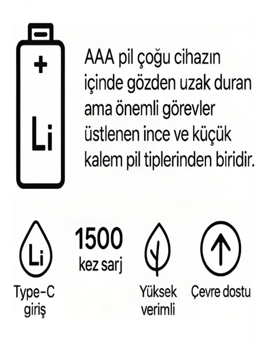 Type-c Şarjlı 800mwh 1.5v Şarj Edilebilir 2’li Aaa İnce Pil - Lityum Iyon Batarya