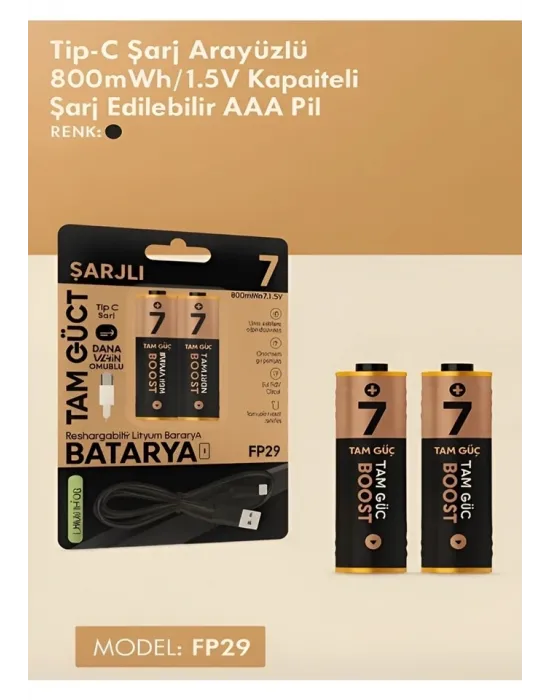 Type-c Şarjlı 800mwh 1.5v Şarj Edilebilir 2’li Aaa İnce Pil - Lityum Iyon Batarya