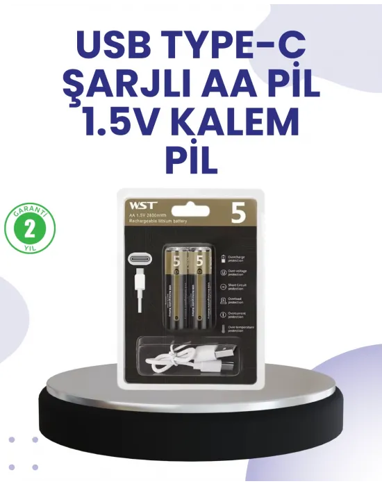 Type-c Usb İle Hızlı Şarj Edilebilir Aa Kalem Pil | 1.5v Lityum | Çiftli Paket