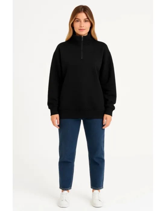 Üç İplik Dık Yaka Yarım Fermuarlı SweatShirt - Siyah