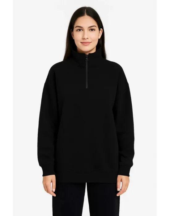 Üç İplik Dık Yaka Yarım Fermuarlı SweatShirt - Siyah