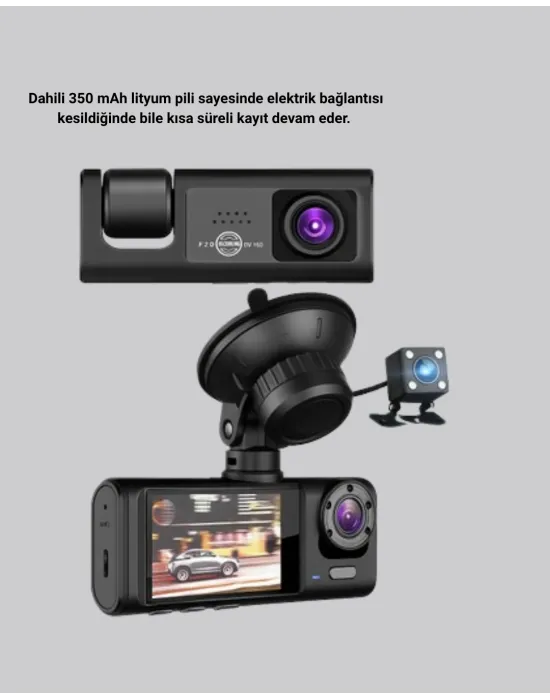 Üç Kameralı Araç Dvr Full Hd Gece Görüşlü Ve 2 İnç Ips Ekranlı