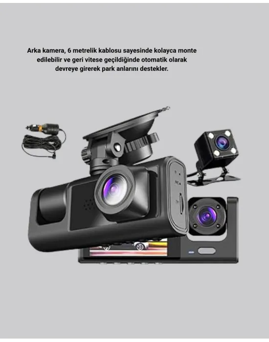 Üç Kameralı Araç Dvr Full Hd Gece Görüşlü Ve 2 İnç Ips Ekranlı