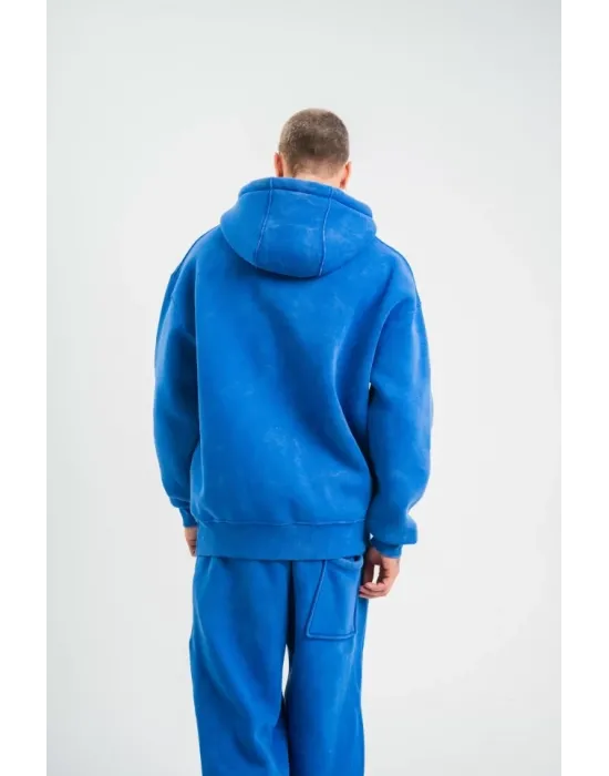 Unisex Double Oversize Kapşonlu Yıkamalı SweatShirt - Mavi