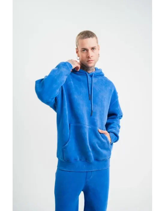 Unisex Double Oversize Kapşonlu Yıkamalı SweatShirt - Mavi
