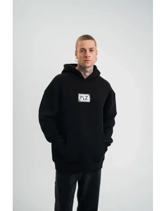 Unisex Kapşonlu Uzun Kol Patchli Nakışlı SweatShirt - Siyah