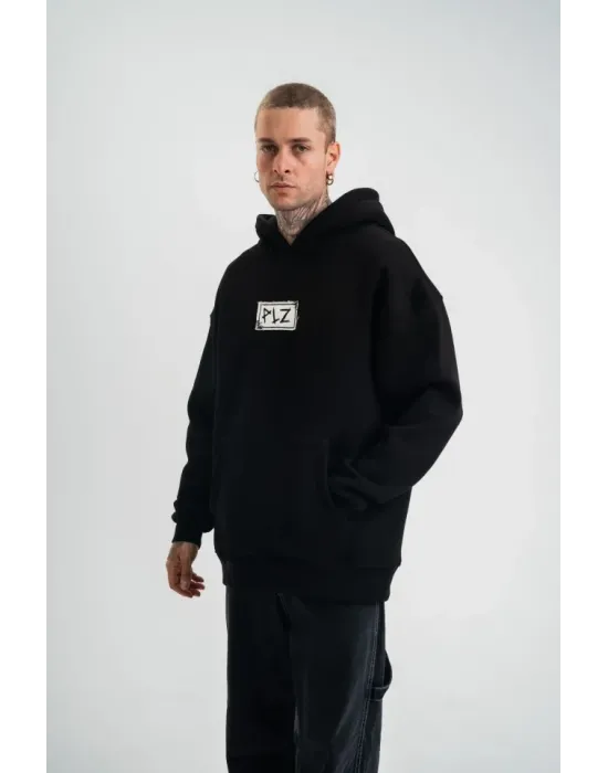 Unisex Kapşonlu Uzun Kol Patchli Nakışlı SweatShirt - Siyah