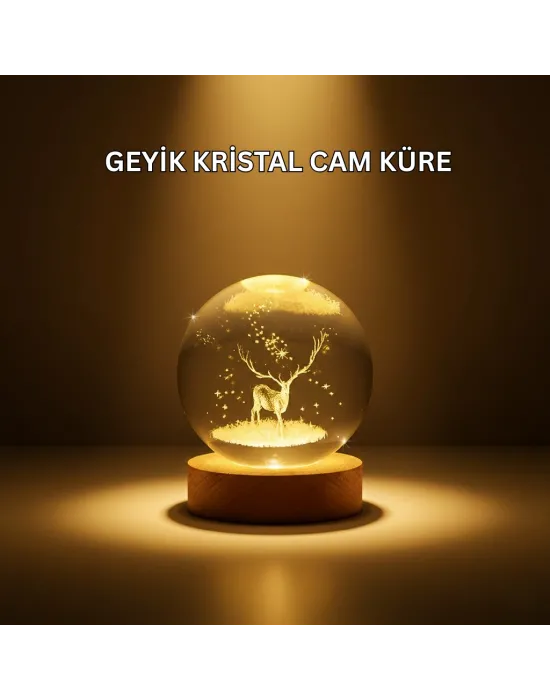 Usb Bağlantılı Geyik Temalı Kristal Küre Premium Masa Gece Lambası