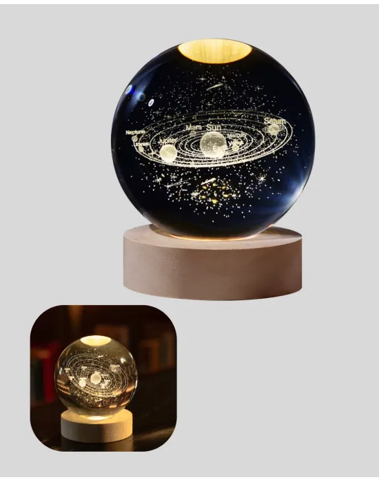 Usb Bağlantılı Işıklı Kristal Küre Modern Ahşap Tabanlı Dekor
