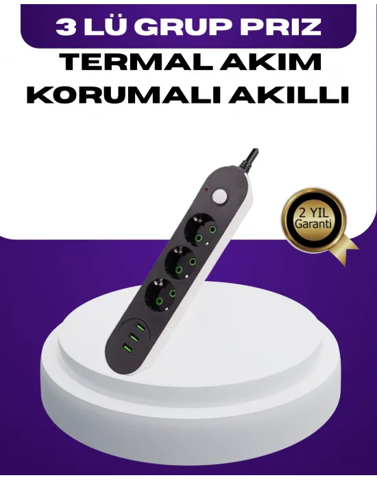 Usb Yuvalı Anahtarlı Üçlü Priz 2 Metre Kablolu