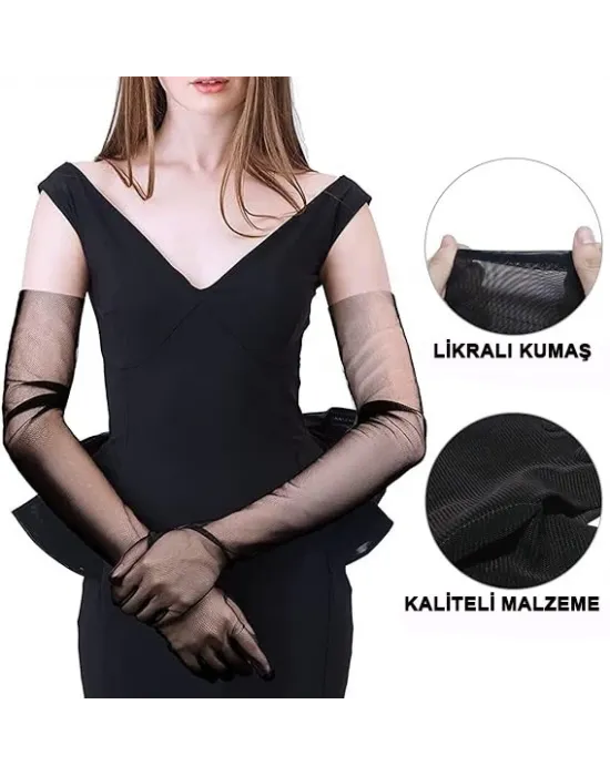 Uzun Boy Likralı Siyah Renk Yetişkin Mega Tül Eldiven 53 Cm