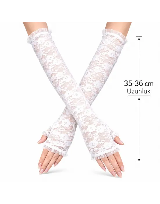 Uzun Zarif Dantel Eldiven Parmaksız Beyaz 35 Cm