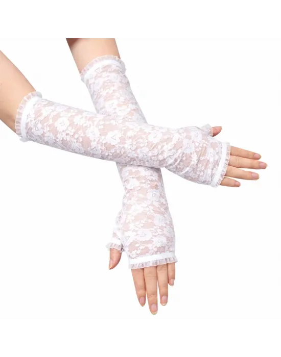 Uzun Zarif Dantel Eldiven Parmaksız Beyaz 35 Cm