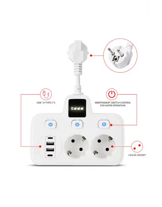Vtn-503 Akım Korumalı Duvar Tipi Priz 2x Usb 2x Priz Typce 20w
