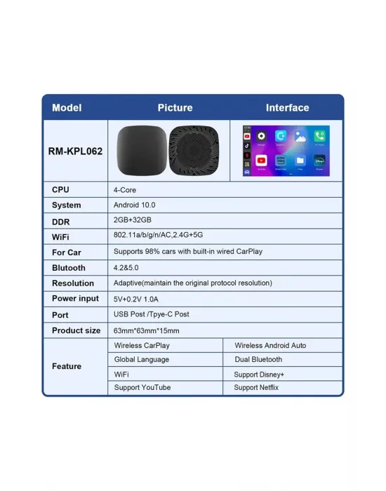 Wireless Carplay Android Araba 4 Çekirdekli Akıcı Fullhd 1080p Wifi 2.4/5g 2gb/32gb