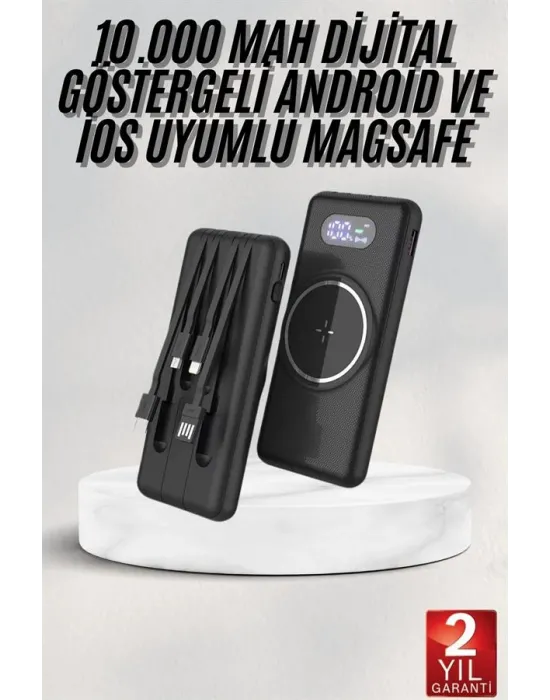 Wireless Powerbank 10000 Mah Led Ekranlı Dahili Kablolu Hızlı Şarj