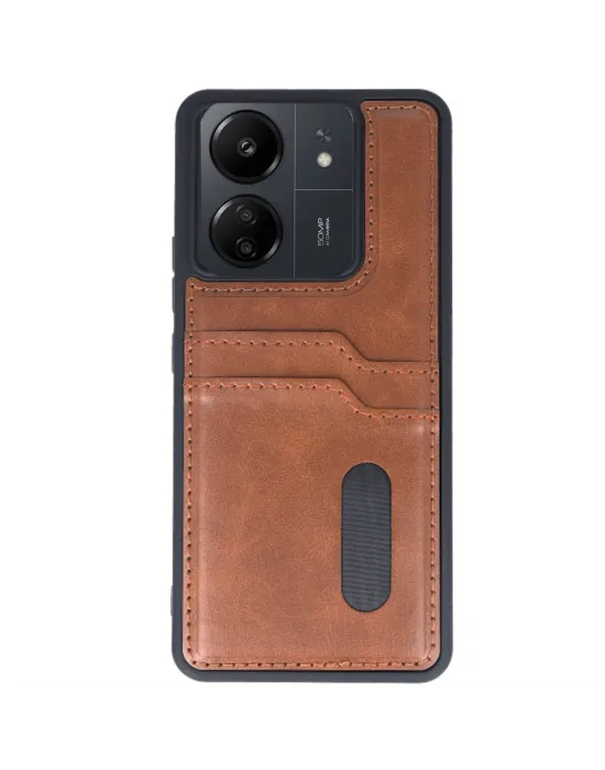 Xiaomi Redmi 13c Kılıf Sara Kartvizitli Deri Kılıf - Taba