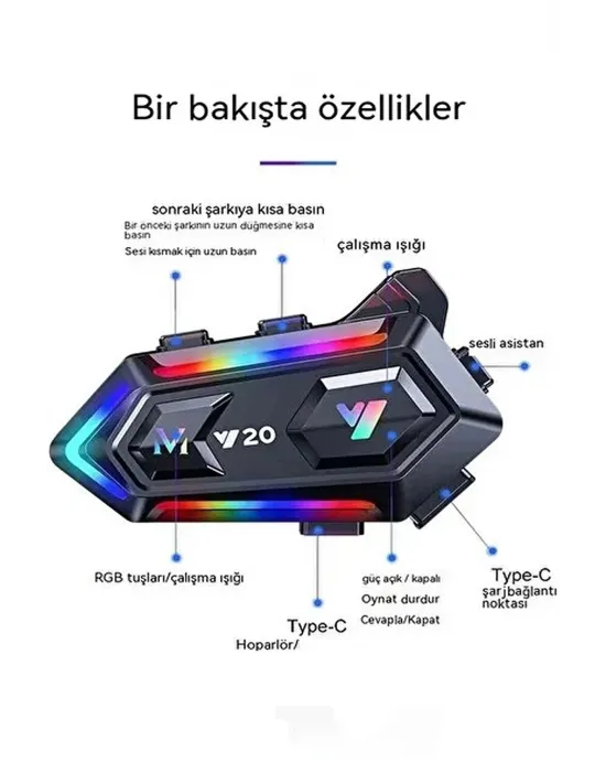 Y20 Motor Kurye Kask Kulaklık Rgb Modlu Bluetooth Motosiklet Kulaklık 5.3 Bluetooth Interkom
