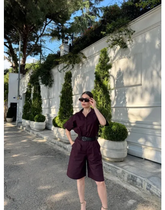 Yakalı Gömlek Kemerli Şortlu Takım - Bordo