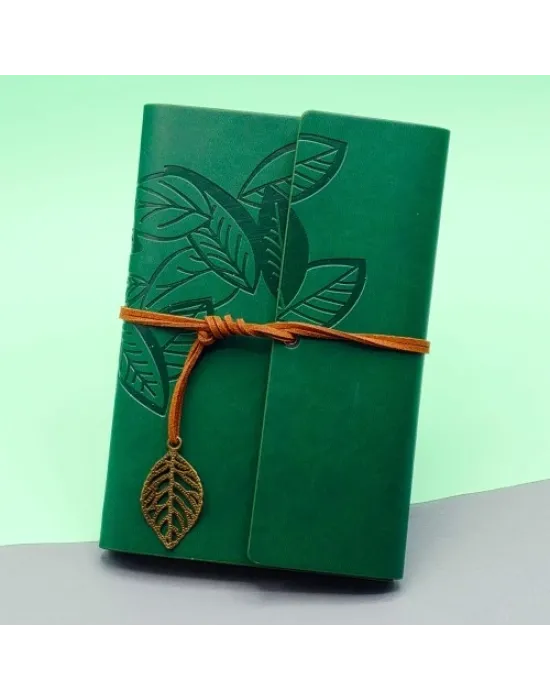 Yeşil Deri Kapaklı Yaprak Desenli Defter