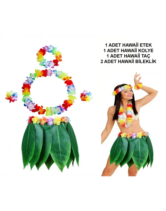 Yetişkin Hawaii Kostüm Seti - Yaprak Etek  Hawaii Set - 5 Parça