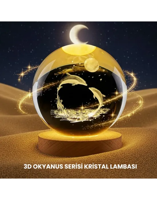 Yunus Temalı Kristal Küre Usb Işıklı Ahşap Altlıklı Gece Lambası