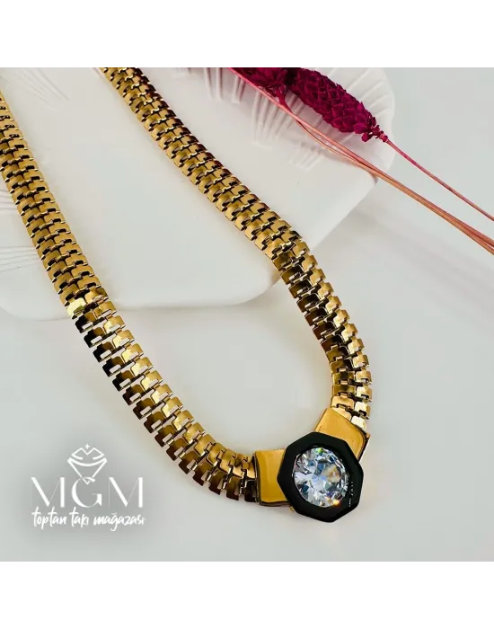 Zirkon Taşlı Çelik Çelik Kolye 40+5 Cm - Kl0194