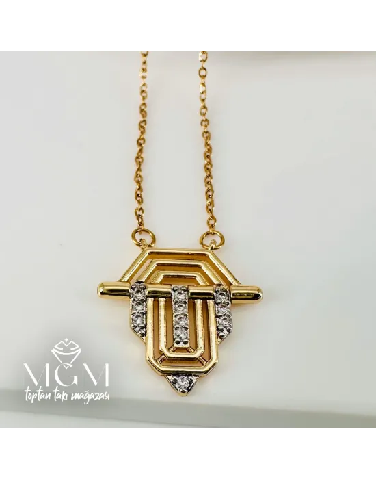 Zirkon Taşlı Uç : Pirinç Çelik Kolye 40+5 Cm - Kl0192