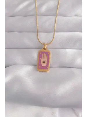 ietaks™ 316L Çelik Gold Renk Mor Mineli El Figür Tarot Kolye