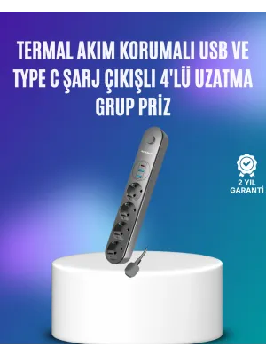 4’lü Çoklu Priz 2 Usb Type-c Girişli Akım Korumalı Siyah
