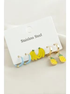 6 Adet Ananas Muz Lüks Çelik Küpe