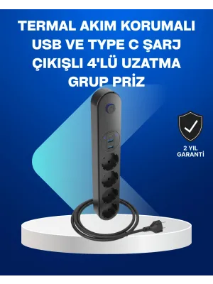 Akıllı Akım Dengelemeli 4’lü Çoklu Priz Type-c Ve Usb Çıkışlı