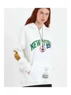 Baskılı Kapüşonlu Sweatshirt - Beyaz